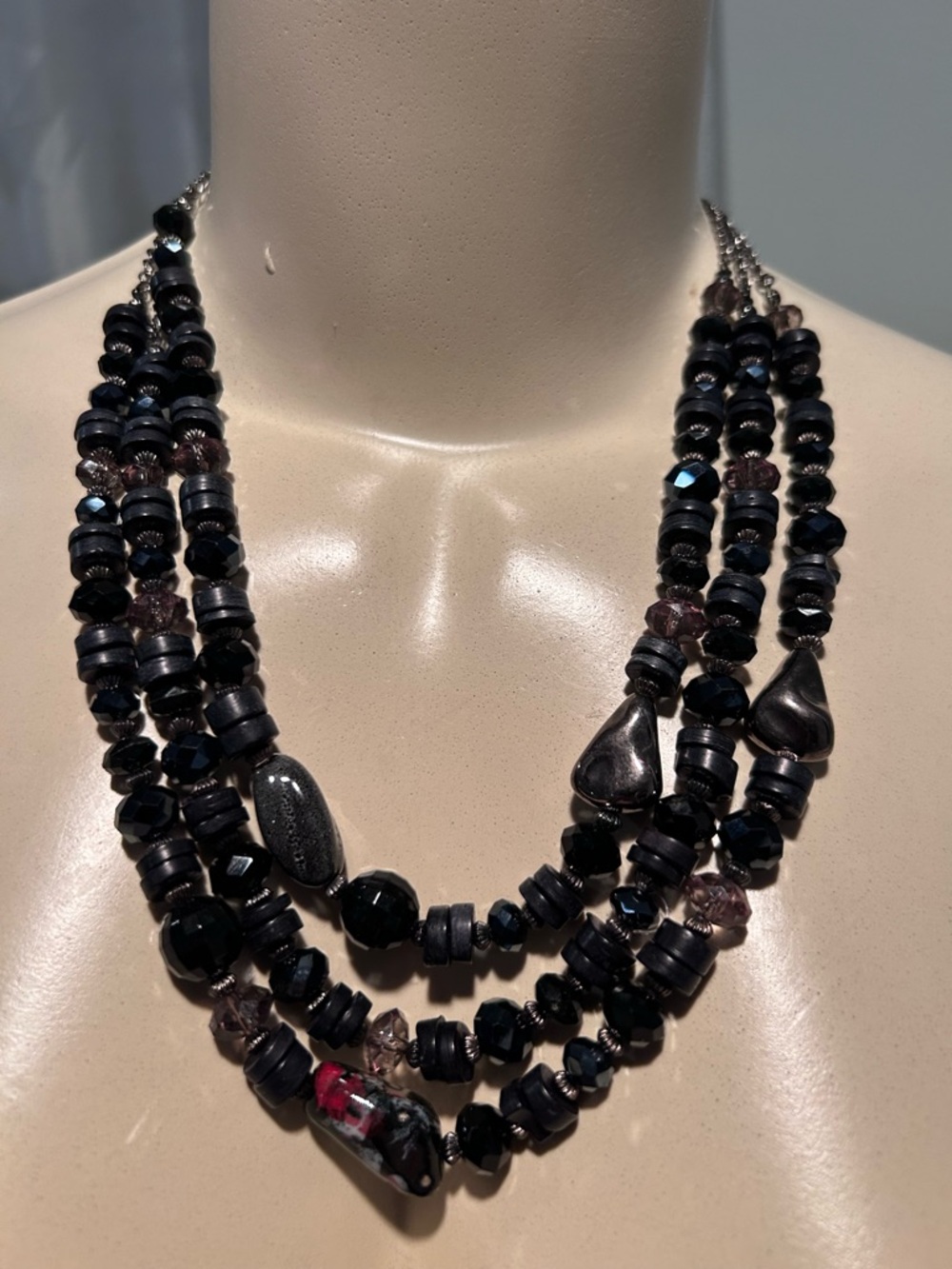 Multi Strand Beaded Necklace Black Gunmetal Statement Chunky Boho 23”